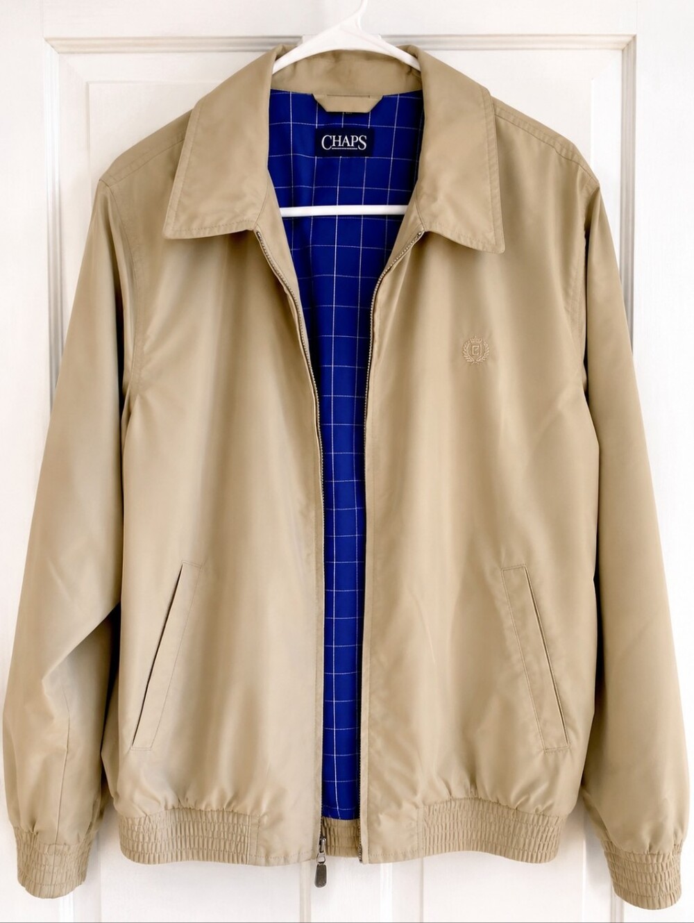 CHAPS Tan Beige Bomber Jacket Mens Large Full Zip Lightweight Casual Coat EUC